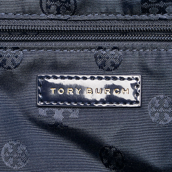 トリーバーチ ストライプ トートバッグ ネイビー ナイロン エナメル レディース Tory Burch 【中古】