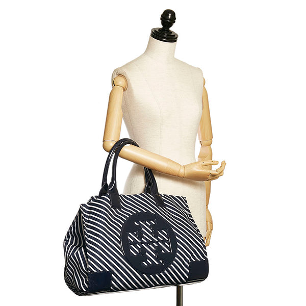 トリーバーチ ストライプ トートバッグ ネイビー ナイロン エナメル レディース Tory Burch 【中古】