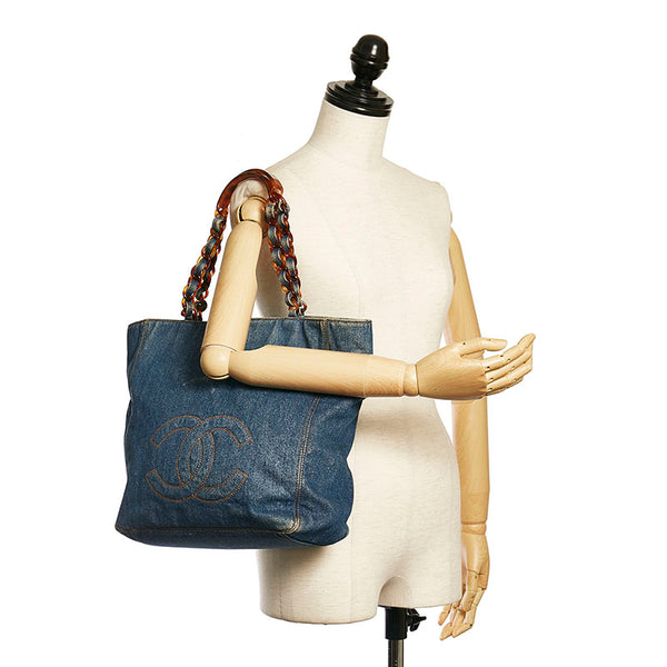 シャネル ココマーク チェーンショルダー トートバッグ ブルー デニム レディース CHANEL 【中古】