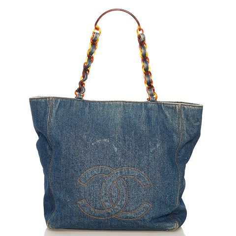 シャネル ココマーク チェーンショルダー トートバッグ ブルー デニム レディース CHANEL 【中古】