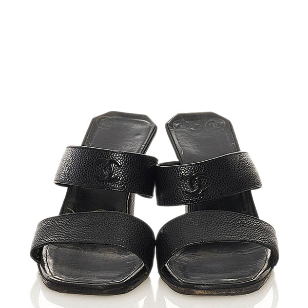 シャネル ココマーク ミュール サンダル ブラック キャビアスキン レディース CHANEL 【中古】