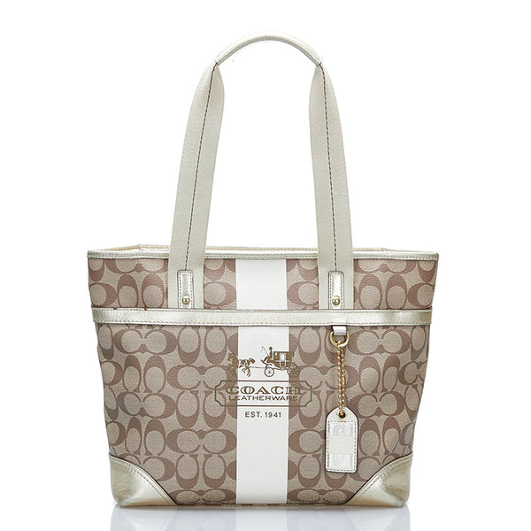 コーチ シグネチャー トートバッグ ショルダーバッグ 11350 ベージュ ホワイト PVC レザー レディース COACH 【中古】