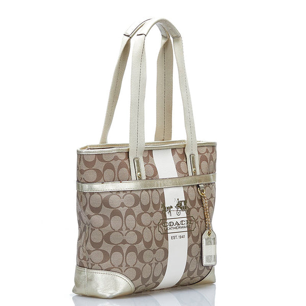 コーチ シグネチャー トートバッグ ショルダーバッグ 11350 ベージュ ホワイト PVC レザー レディース COACH 【中古】