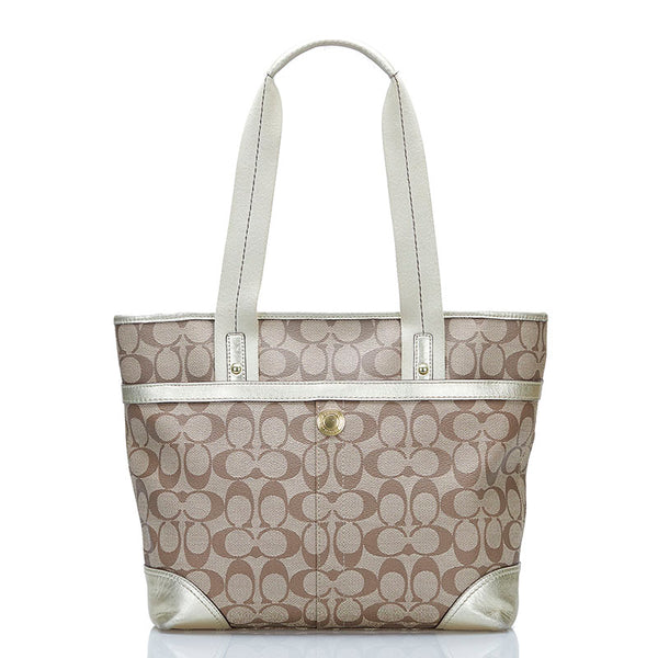 コーチ シグネチャー トートバッグ ショルダーバッグ 11350 ベージュ ホワイト PVC レザー レディース COACH 【中古】