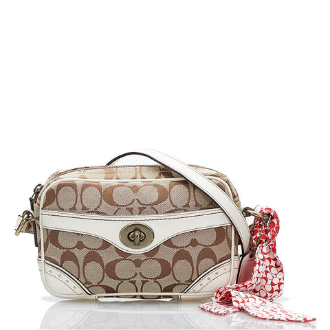 コーチ シグネチャー 斜め掛け ミニ ショルダーバッグ 10568 ベージュ ホワイト キャンバス レザー レディース COACH 【中古】