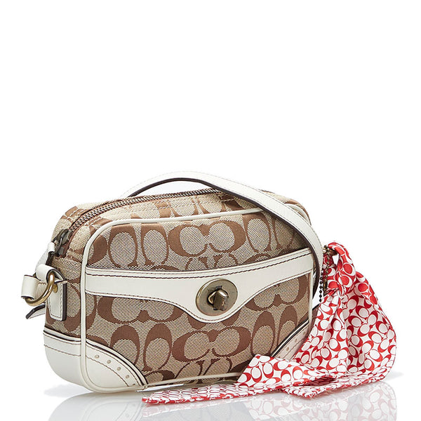 コーチ シグネチャー 斜め掛け ミニ ショルダーバッグ 10568 ベージュ ホワイト キャンバス レザー レディース COACH 【中古】