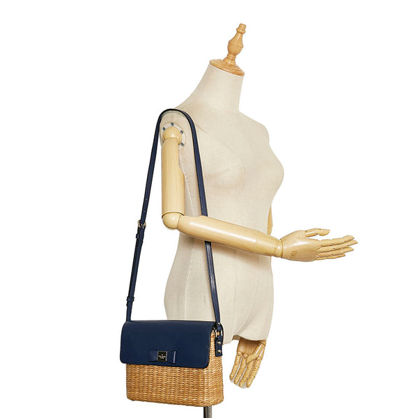 ケイトスペード リボン 斜め掛け ショルダーバッグ かごバッグ ベージュ ネイビー ストロー レザー レディース Kate Spade 【中古】