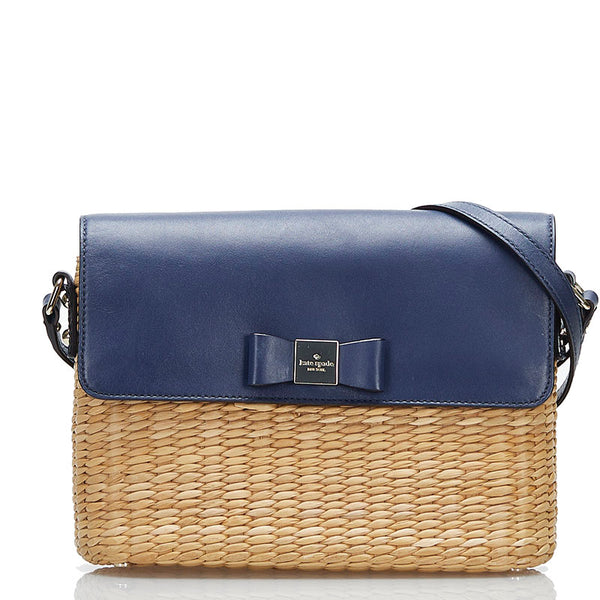ケイトスペード リボン 斜め掛け ショルダーバッグ かごバッグ ベージュ ネイビー ストロー レザー レディース Kate Spade 【中古】