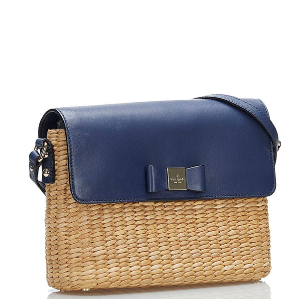 ケイトスペード リボン 斜め掛け ショルダーバッグ かごバッグ ベージュ ネイビー ストロー レザー レディース Kate Spade 【中古】