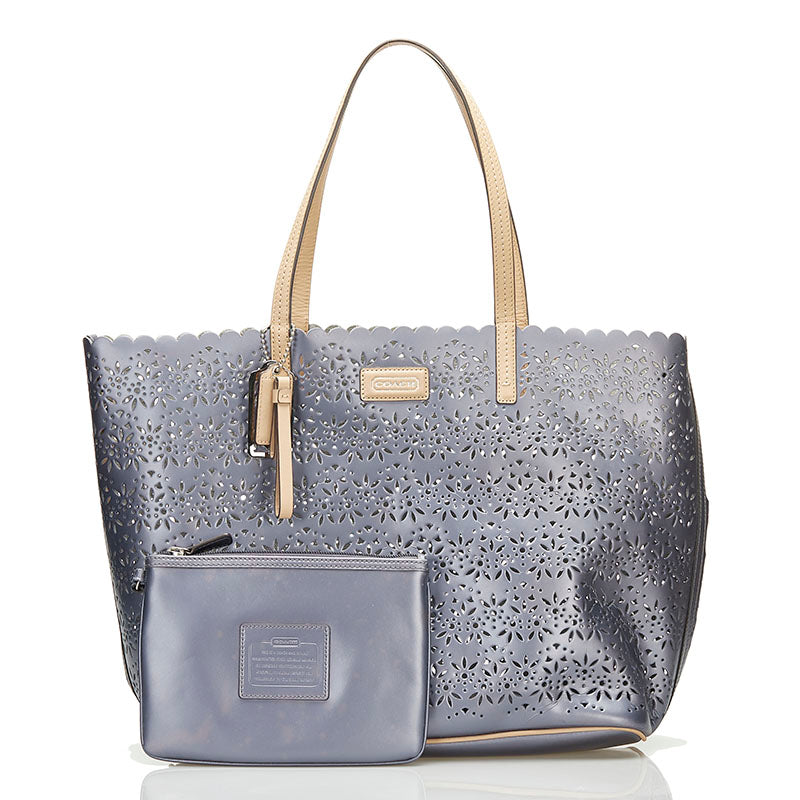 コーチ パンチング トートバッグ ショルダーバッグ グレー シルバー レザー PVC レディース COACH 【中古】