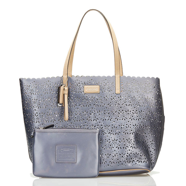 コーチ パンチング トートバッグ ショルダーバッグ グレー シルバー レザー PVC レディース COACH 【中古】