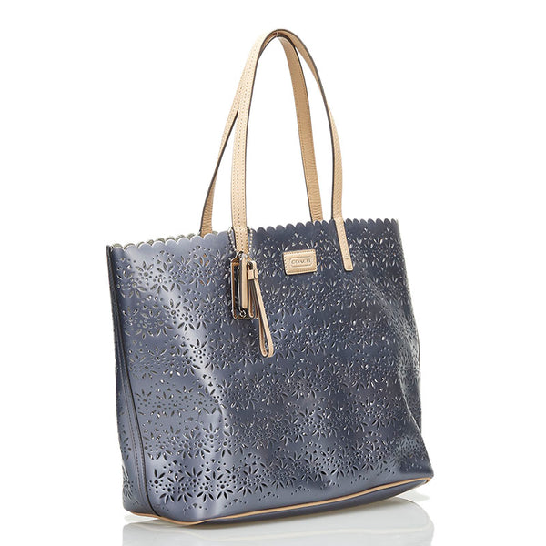 コーチ パンチング トートバッグ ショルダーバッグ グレー シルバー レザー PVC レディース COACH 【中古】