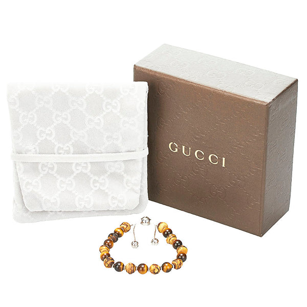 グッチ タイガーアイ バンブー ウッド ブレスレット ブラウン  ビーズ SV925 シルバー メンズ GUCCI 【中古】