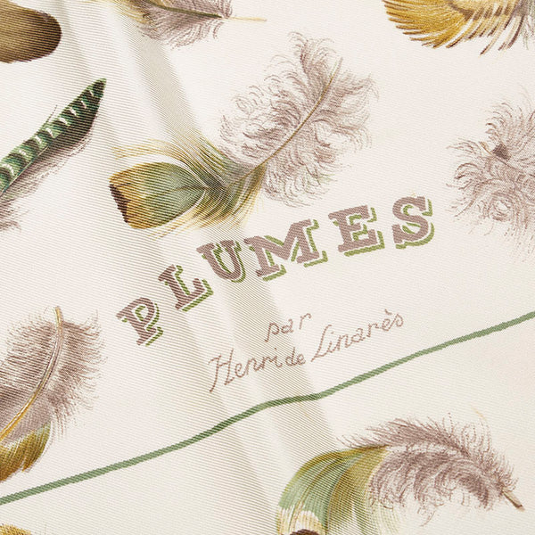 エルメス カレ90 PLUMES par Henri de Linares スカーフ アイボリー グリーン シルク レディース HERMES 【中古】