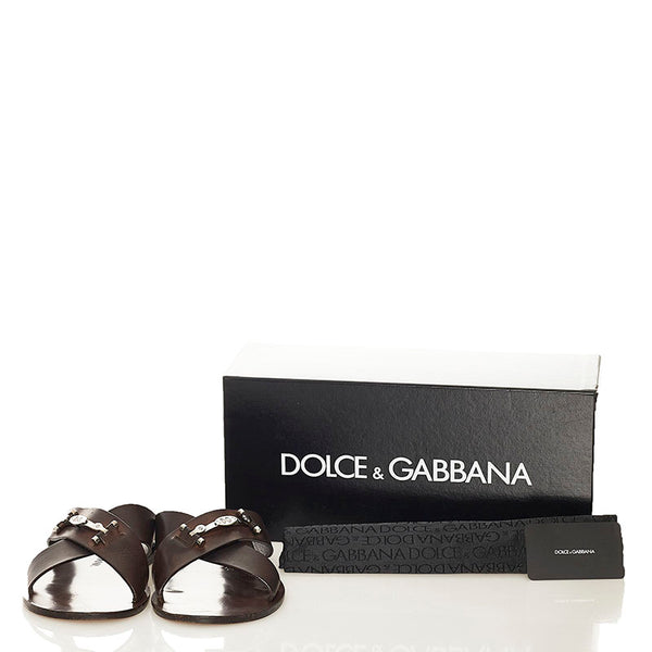 ドルチェアンドガッバーナ DGロゴプレート サンダル ブラウン レザー メンズ DOLCE&GABBANA 【中古】