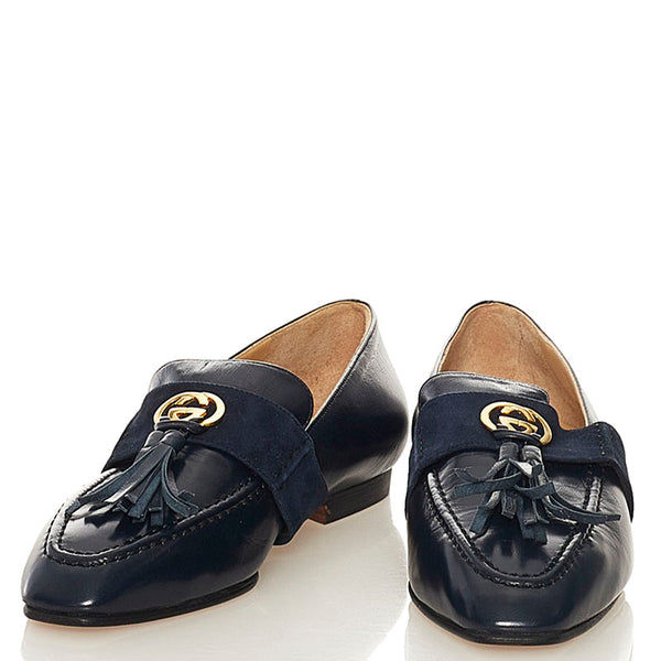グッチ インターロッキングG タッセル ローファー パンプス ネイビー レザー レディース GUCCI 【中古】