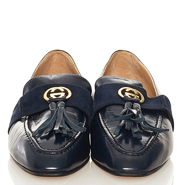 グッチ インターロッキングG タッセル ローファー パンプス ネイビー レザー レディース GUCCI 【中古】
