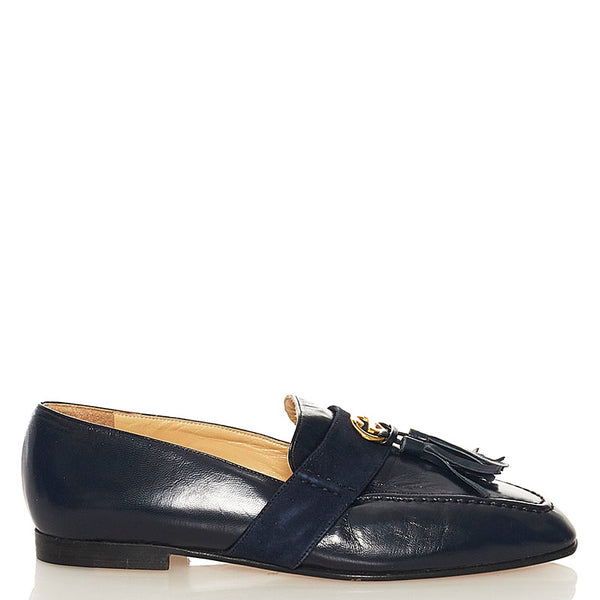 グッチ インターロッキングG タッセル ローファー パンプス ネイビー レザー レディース GUCCI 【中古】