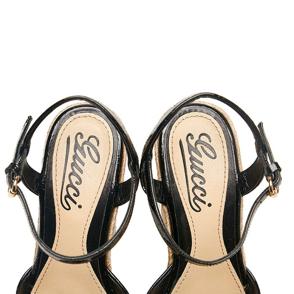 グッチ マイクロシマ GG ウェッジソール サンダル 291096 ブラック パテントレザー ラフィア レディース GUCCI 【中古】