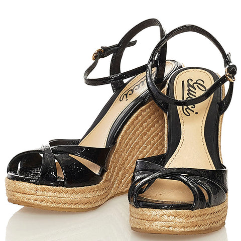 グッチ マイクロシマ GG ウェッジソール サンダル 291096 ブラック パテントレザー ラフィア レディース GUCCI 【中古】