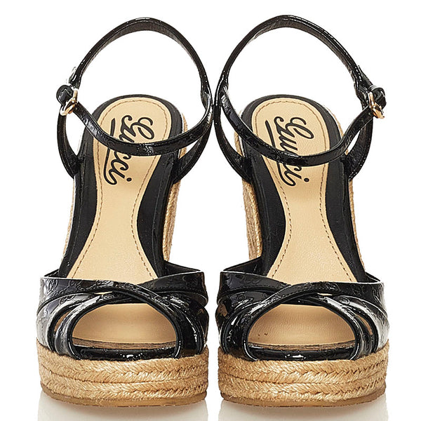 グッチ マイクロシマ GG ウェッジソール サンダル 291096 ブラック パテントレザー ラフィア レディース GUCCI 【中古】