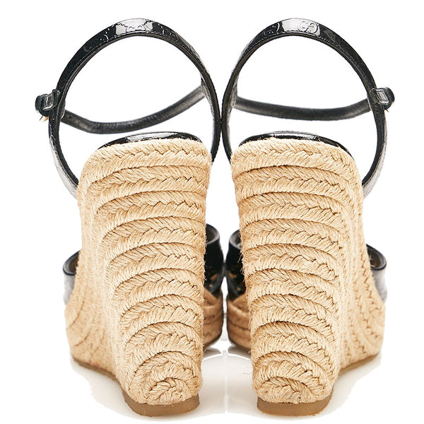 グッチ マイクロシマ GG ウェッジソール サンダル 291096 ブラック パテントレザー ラフィア レディース GUCCI 【中古】