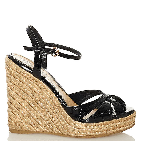 グッチ マイクロシマ GG ウェッジソール サンダル 291096 ブラック パテントレザー ラフィア レディース GUCCI 【中古】