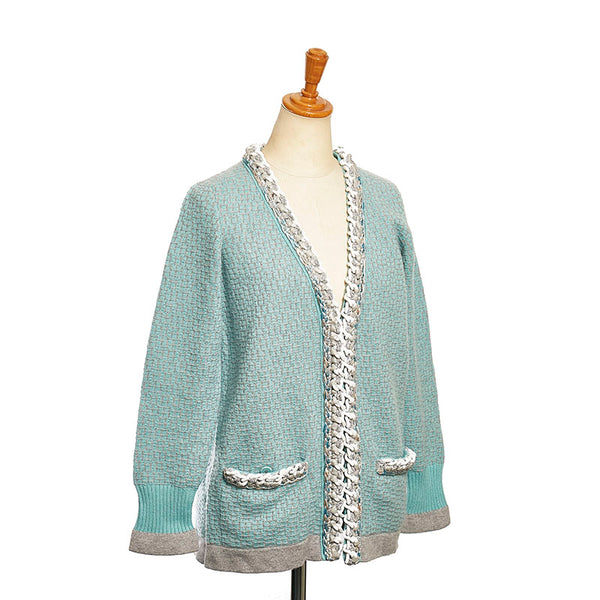 シャネル ツイード チェーン カーディガン ミントグリーン グレー カシミヤ レディース CHANEL 【中古】