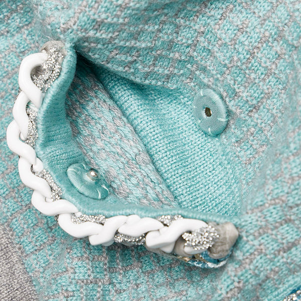 シャネル ツイード チェーン カーディガン ミントグリーン グレー カシミヤ レディース CHANEL 【中古】