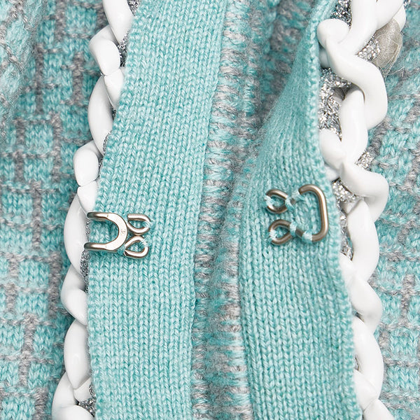 シャネル ツイード チェーン カーディガン ミントグリーン グレー カシミヤ レディース CHANEL 【中古】