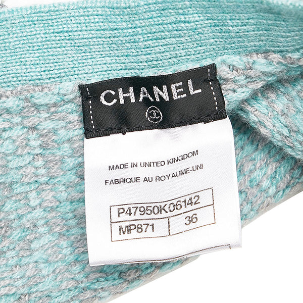 シャネル ツイード チェーン カーディガン ミントグリーン グレー カシミヤ レディース CHANEL 【中古】