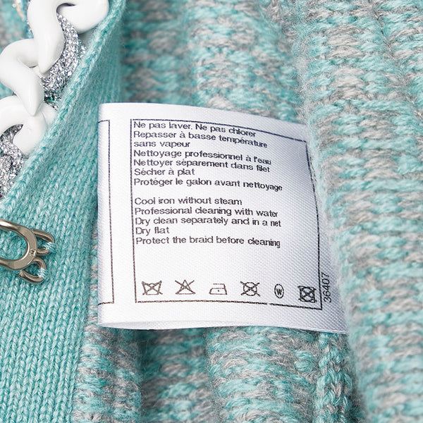 シャネル ツイード チェーン カーディガン ミントグリーン グレー カシミヤ レディース CHANEL 【中古】