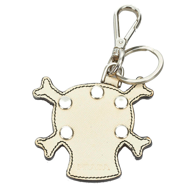 プラダ スカル ドクロ 髑髏 キーリング キーホルダー バッグチャーム ホワイト シルバー レザー メタル レディース PRADA 【中古】