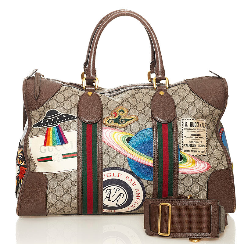 グッチ GGスプリーム  クーリエ ワッペン ボストンバッグ ショルダーバッグ トラベルバッグ 2WAY 45931 ベージュ ブラウン PVC レザー レディース GUCCI 【中古】
