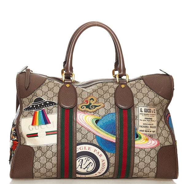 グッチ GGスプリーム  クーリエ ワッペン ボストンバッグ ショルダーバッグ トラベルバッグ 2WAY 45931 ベージュ ブラウン PVC レザー レディース GUCCI 【中古】