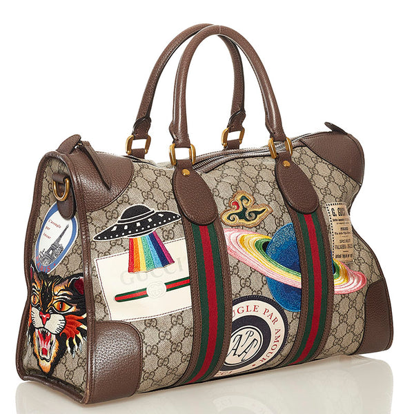 グッチ GGスプリーム  クーリエ ワッペン ボストンバッグ ショルダーバッグ トラベルバッグ 2WAY 45931 ベージュ ブラウン PVC レザー レディース GUCCI 【中古】