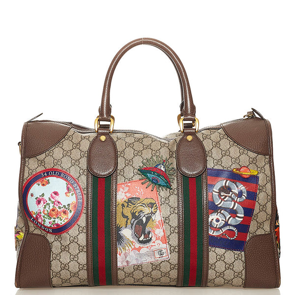 グッチ GGスプリーム  クーリエ ワッペン ボストンバッグ ショルダーバッグ トラベルバッグ 2WAY 45931 ベージュ ブラウン PVC レザー レディース GUCCI 【中古】