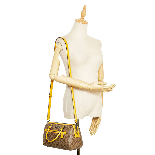 コーチ シグネチャー ハンドバッグ ショルダーバッグ 2WAY ベージュ イエロー キャンバス レザー レディース COACH 【中古】
