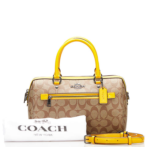 コーチ シグネチャー ハンドバッグ ショルダーバッグ 2WAY ベージュ イエロー キャンバス レザー レディース COACH 【中古】