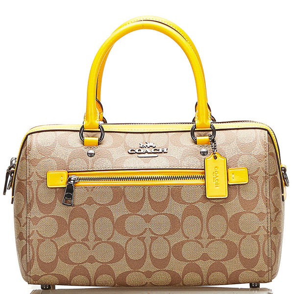 コーチ シグネチャー ハンドバッグ ショルダーバッグ 2WAY ベージュ イエロー キャンバス レザー レディース COACH 【中古】