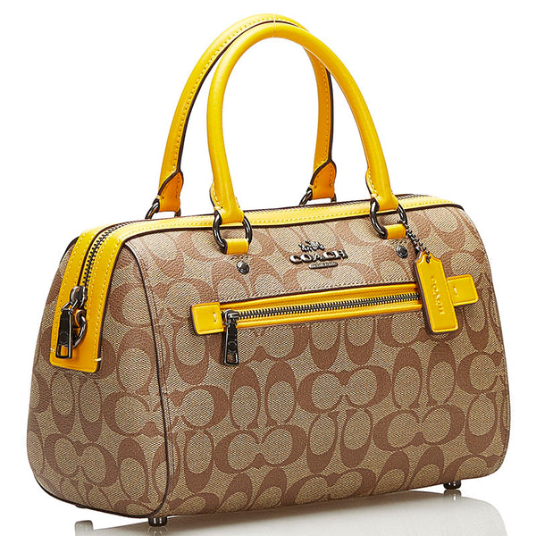 コーチ シグネチャー ハンドバッグ ショルダーバッグ 2WAY ベージュ イエロー キャンバス レザー レディース COACH 【中古】