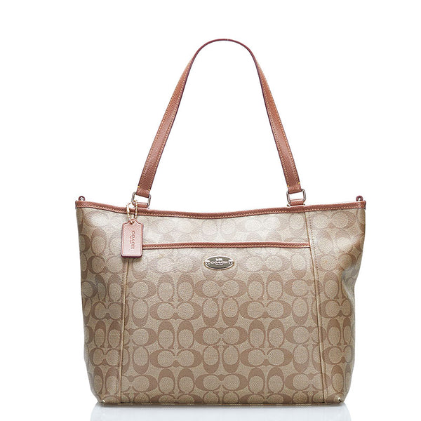 コーチ シグネチャー トートバッグ ショルダーバッグ F33998 ベージュ PVC レザー レディース COACH 【中古】