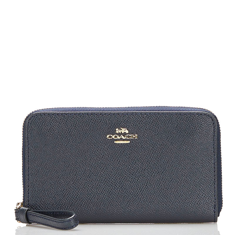コーチ ラウンドファスナー 二つ折り財布  F58053 ネイビー レザー レディース COACH 【中古】