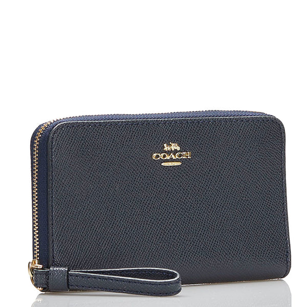 コーチ ラウンドファスナー 二つ折り財布  F58053 ネイビー レザー レディース COACH 【中古】