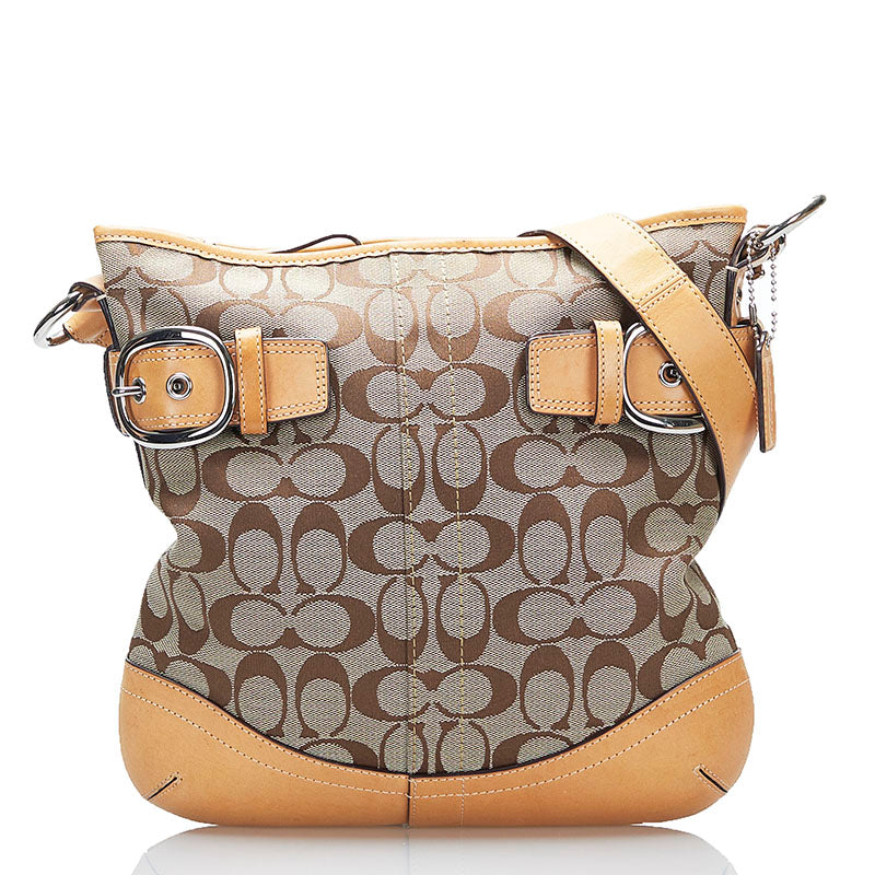 コーチ シグネチャー 斜め掛け ショルダーバッグ F19682 ベージュ ブラウン キャンバス レザー レディース COACH 【中古】