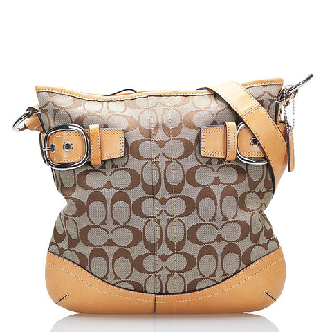 コーチ シグネチャー 斜め掛け ショルダーバッグ F19682 ベージュ ブラウン キャンバス レザー レディース COACH 【中古】