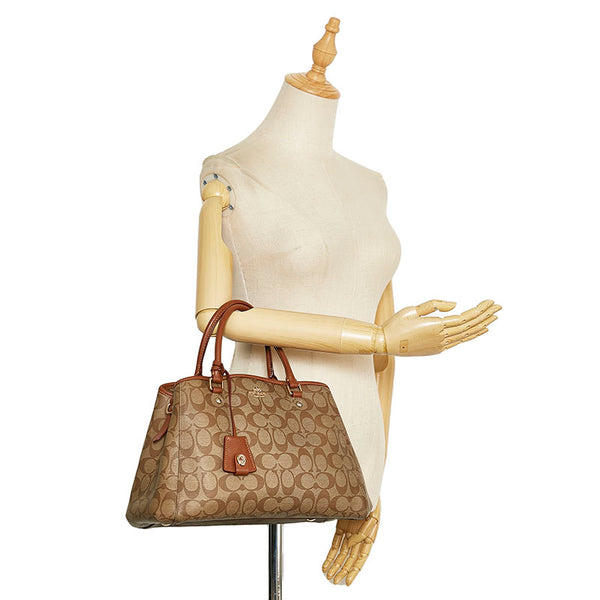 コーチ シグネチャー スモールマーゴット キャリーオール ハンドバッグ F34608 ブラウン PVC レザー レディース COACH 【中古】