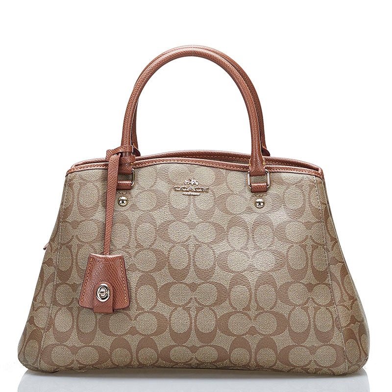 コーチ シグネチャー スモールマーゴット キャリーオール ハンドバッグ F34608 ブラウン PVC レザー レディース COACH 【中古】