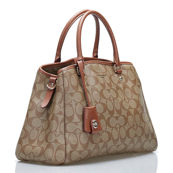 コーチ シグネチャー スモールマーゴット キャリーオール ハンドバッグ F34608 ブラウン PVC レザー レディース COACH 【中古】