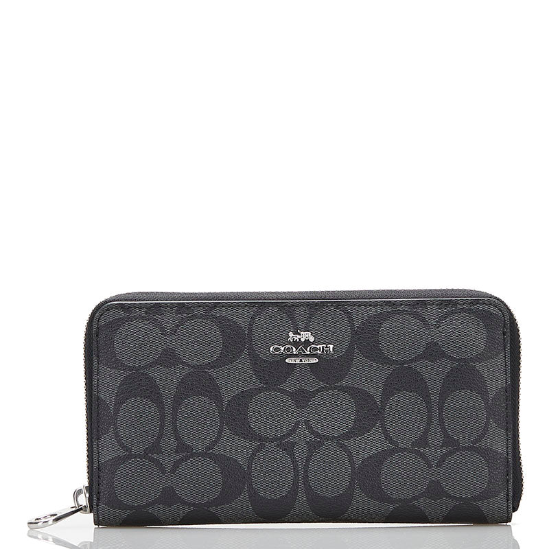 コーチ シグネチャー ラウンドファスナー 長財布 C4452 ブラック グレー PVC レザー メンズ COACH 【中古】